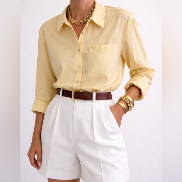 Rumours Tops - Rumours Yellow Button-Up Blouse S | Bamboo Blend Oversized Shirt Chic Minimalis